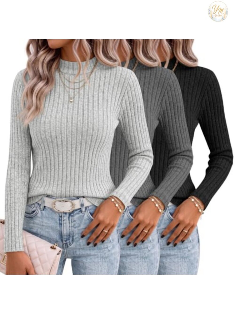 3 Pack Mock Neck Ribbed Knit Sweaters Pullovers Stretch Long Sleeve Casual